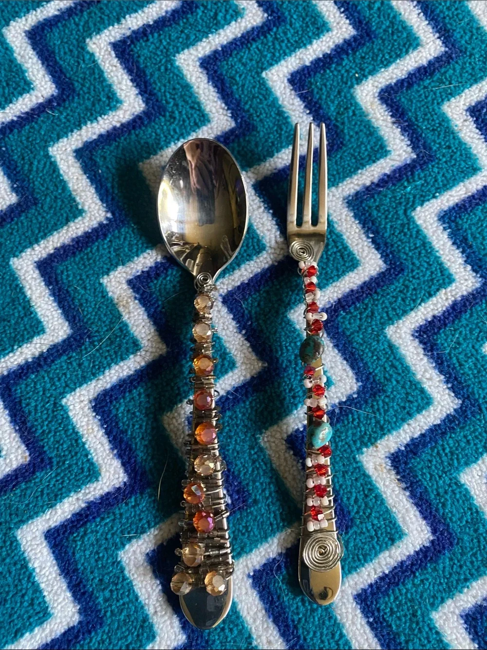 GS 18/10 Handcrafted Wire-Wrapped Beaded Spoon and Fork  Set - Multicolor Accent